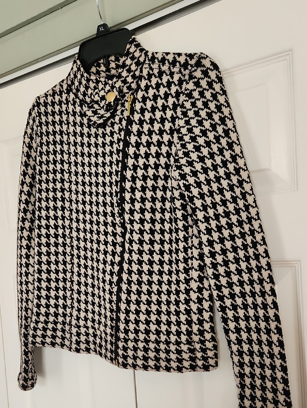 Chaps Black and White Houndstooth Zip-Front Jacket with Gold Accents